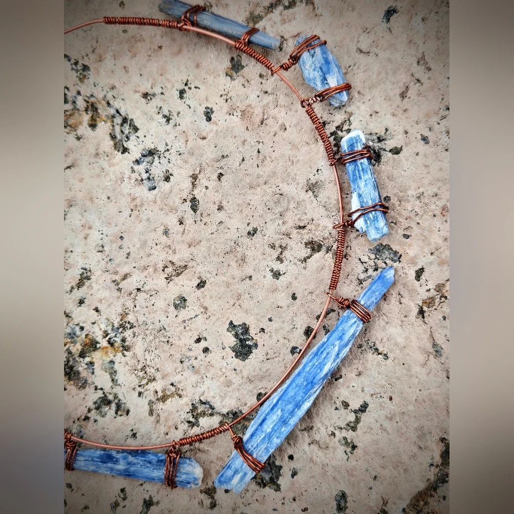 Awakening Natural Blue Kyanite Blades In Handwired Primitive Copper Necklace